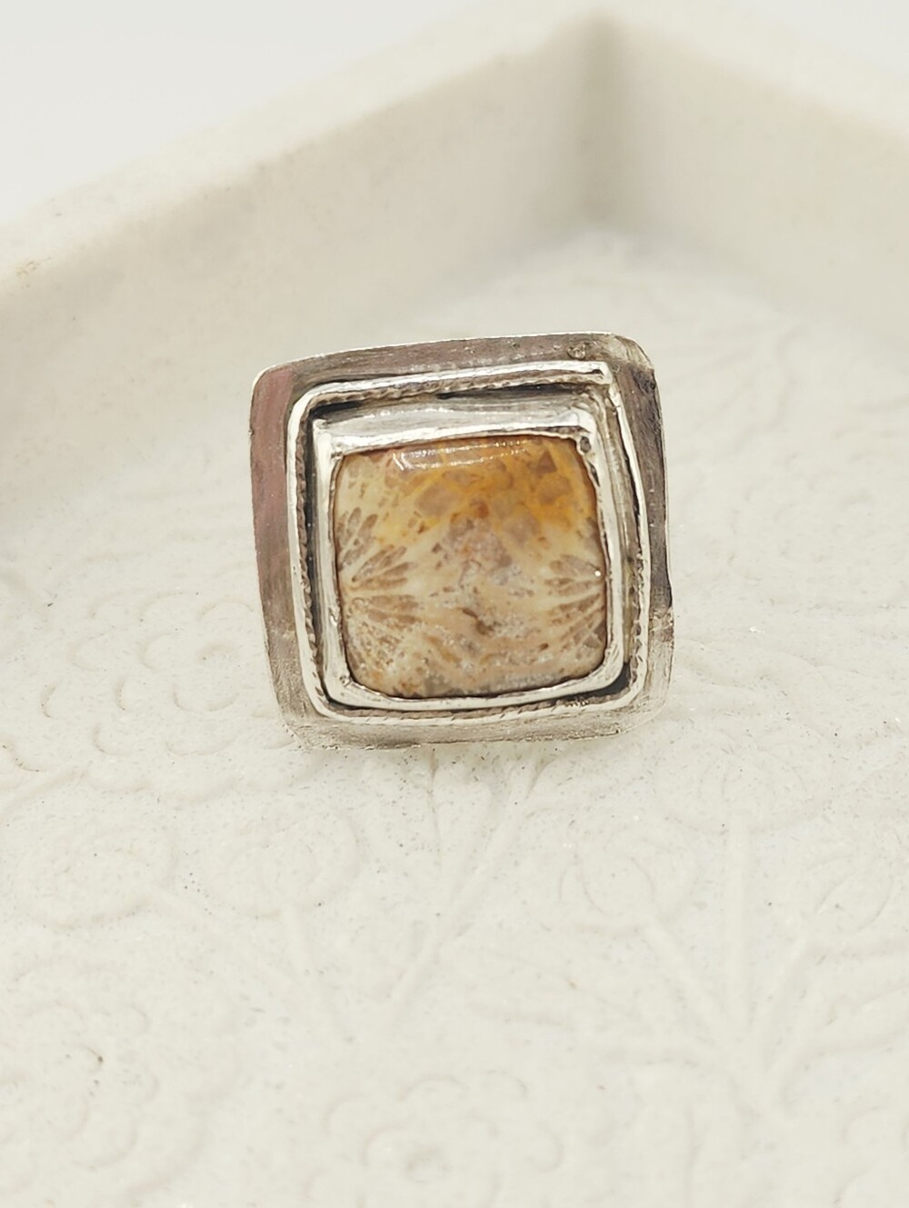 FOSSIL CORAL HANDMADE RING IN STERLING SILVER SIZE 7.5